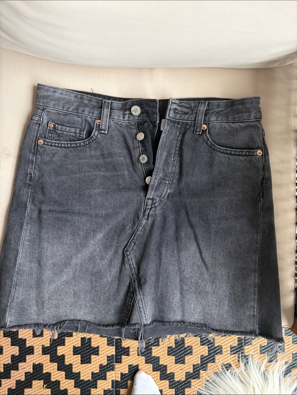 High-Waisted Button-Front Black Denim Mini Skirt